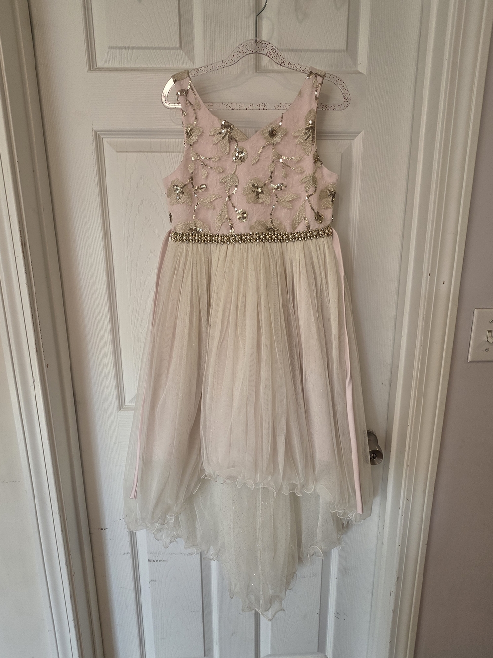 Girls Pink and Ivory Tulle Party Dress with Gold Embellishments Size 10